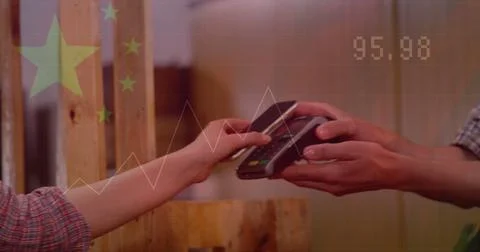 Image of data processing over caucasian woman paying with smartphone Stock Photos