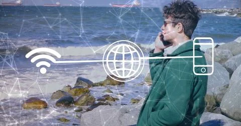 Image of data processing over caucasian man using smartphone Stock Photos