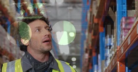 Image of data processing over caucasian male worker in warehouse Stock Photos