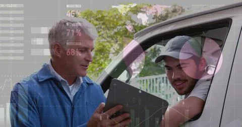 Image of data processing over caucasian male deliverer with colleague Stock Photos