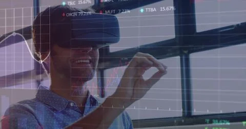 Image of data processing over caucasian man using vr headset Stock Photos
