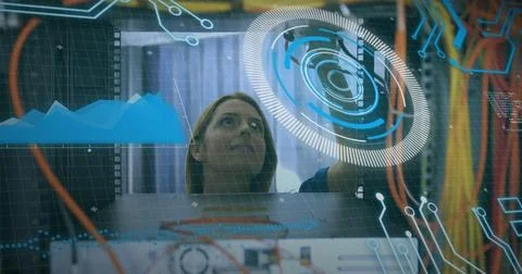 Image of data processing over caucasian female engineer connecting wires Stock Photos