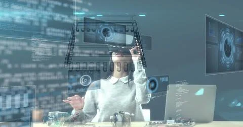 Image of data processing over caucasian woman using vr headset Stock Photos