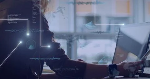 Image of data processing over caucasian businesswoman in office Stock Photos