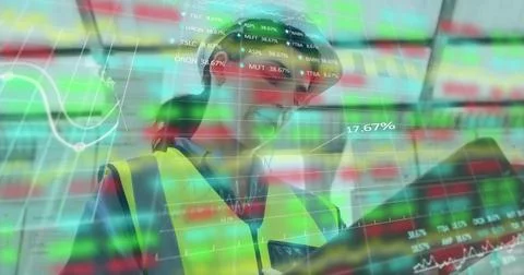 Image of data processing over caucasian female worker in warehouse Stock Photos