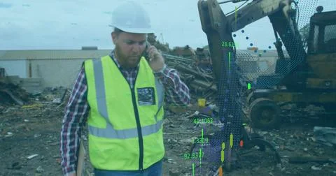 Image of data processing over caucasian male worker at rubbish dump Stock Photos