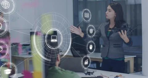 Image of data processing over caucasian businesswoman in office Stock Photos