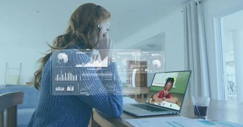 Image of data processing over caucasian businesswoman having image call Stock Photos