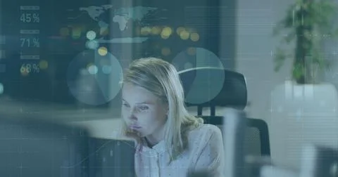 Image of data processing over caucasian businesswoman using computer Stock Photos