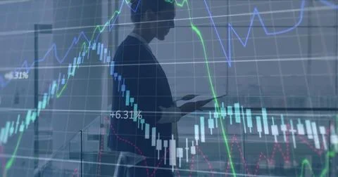 Image of data processing over caucasian businesswoman using tablet Stock Photos