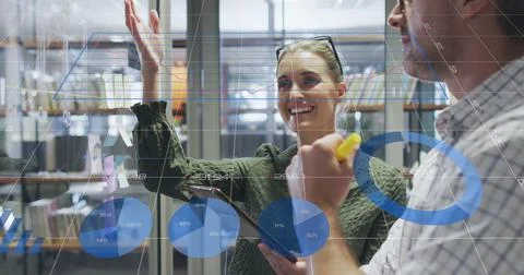 Image of data processing over caucasian business people in office Stock Photos