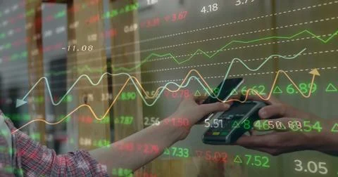 Image of data processing over caucasian woman paying with smartphone Stock Photos