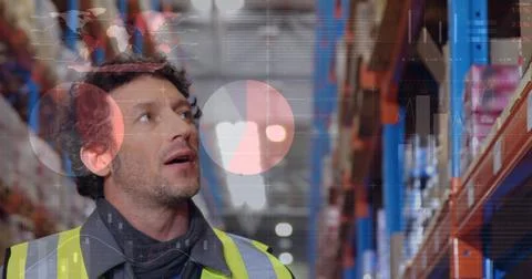 Image of data processing over caucasian male worker in warehouse Stock Photos