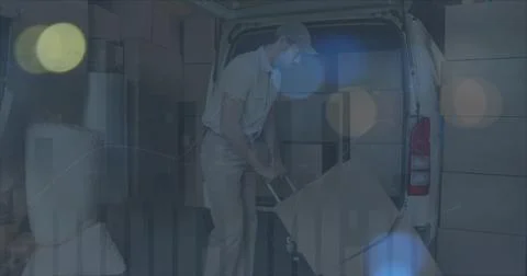 Image of data processing over caucasian male deliverer with cartons Stock Photos