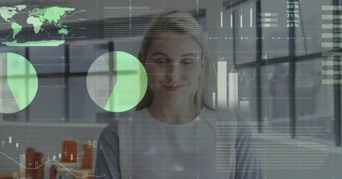 Image of data processing over caucasian businesswoman smiling Stock Photos