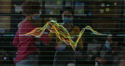 Image of data processing over caucasian woman with trolley in shop Stock Photos