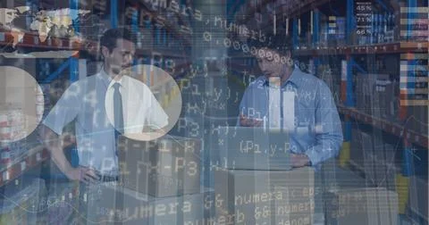 Image of data processing over caucasian male workers in warehouse Stock Photos