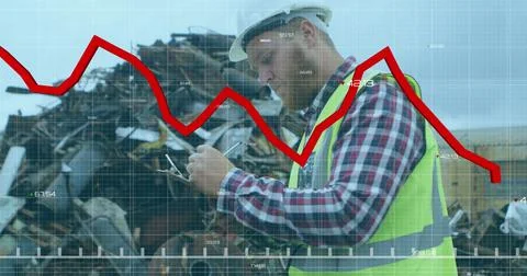 Image of data processing over caucasian male worker at rubbish dump Stock Photos