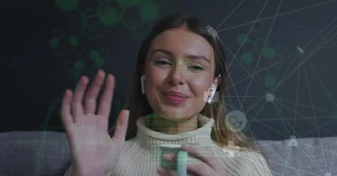 Image of data processing over caucasian woman smiling Stock Photos