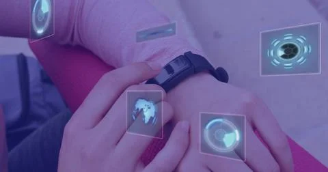 Image of data processing over caucasian woman with smartwatch Stock Photos
