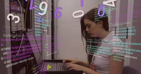 Image of data processing over caucasian female it engineer by computer servers Stock Photos