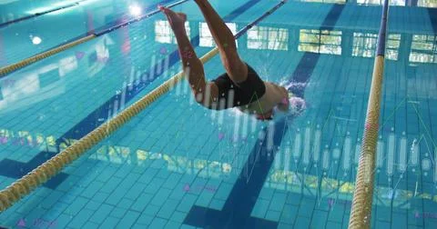 Image of data processing over caucasian male swimmer jumping Stock Photos