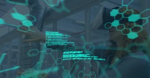 Image of data processing over caucasian woman using vr headset Stock Photos