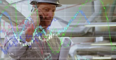 Image of data processing over caucasian male worker using smartphone Stock Photos