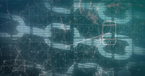 Image of data processing over chains and media icons 스톡 사진