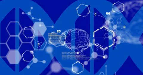 Image of data processing over chemical formula on blue background Stock Illustration