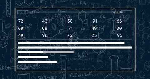 Image of data processing over chemical formula and icons on black background 스톡 사진