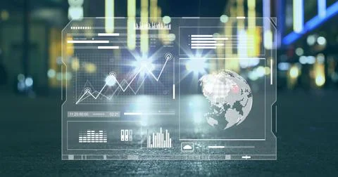 Image of data processing over city lights Illustrazione stock