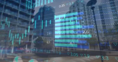 Image of data processing over cityscape Illustrazione stock
