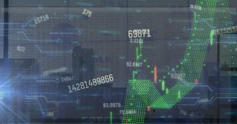 Image of data processing over cityscape Stockillustratie