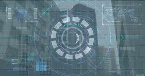 Image of data processing over cityscape Illustrazione stock