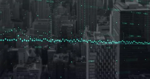 Image of  data processing over cityscape Illustrazione stock