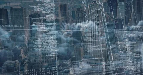 Image of data processing over cityscape background Stockillustratie