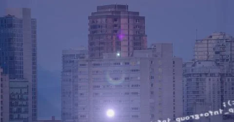 Image of data processing over cityscape on blue background イラスト素材