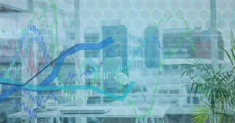 Image of data processing over cityscape and shapes Ilustración de archivo