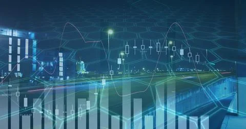 Image of data processing over cityscape and shapes Ilustración de archivo
