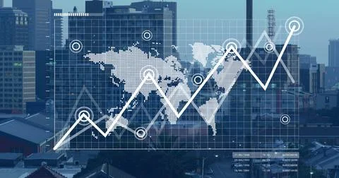 Image of data processing over cityscape Foto stock