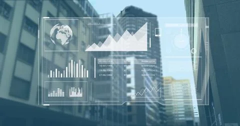 Image of data processing over cityscape Stock Photos