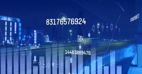 Image of data processing over cityscape Foto stock