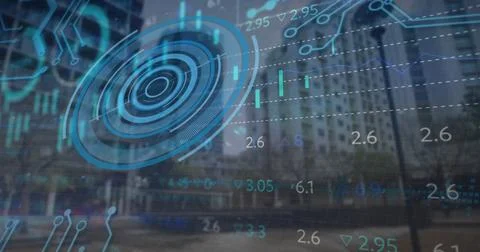 Image of data processing over cityscape 写真素材