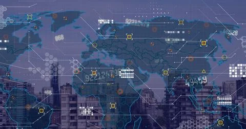 Image of data processing over cityscape Foto stock