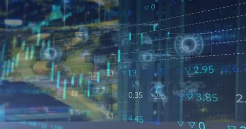 Image of data processing over cityscape Stock Photos
