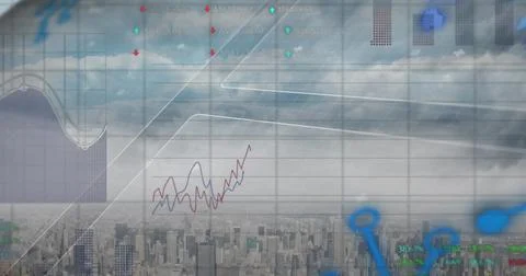 Image of data processing over cityscape Foto stock