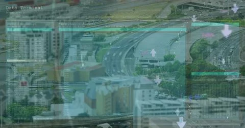 Image of data processing over cityscape Foto stock