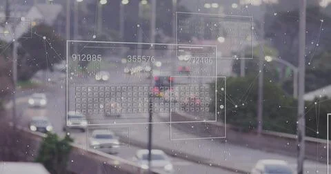 Image of data processing over cityscape 스톡 사진