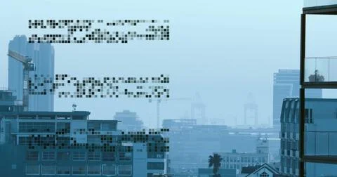 Image of data processing over cityscape Foto stock
